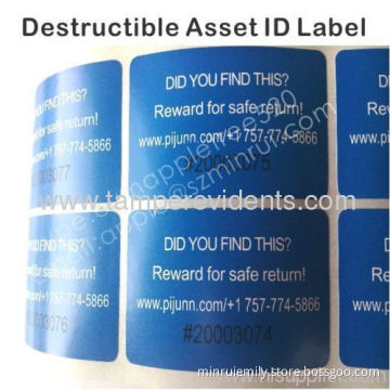 Custom Printing Blue Address Labels,tamper Evident Asset Id Sticker, Destructible Eggskin Vinyl Labels On Rolls 